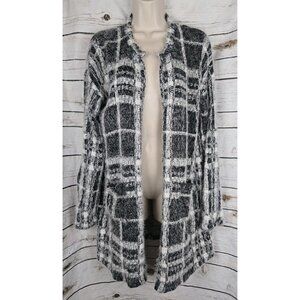 Joseph Ribkoff Black Plaid Fuzzy Eyelash Sweater Cardigan US 14 Open Mid Length